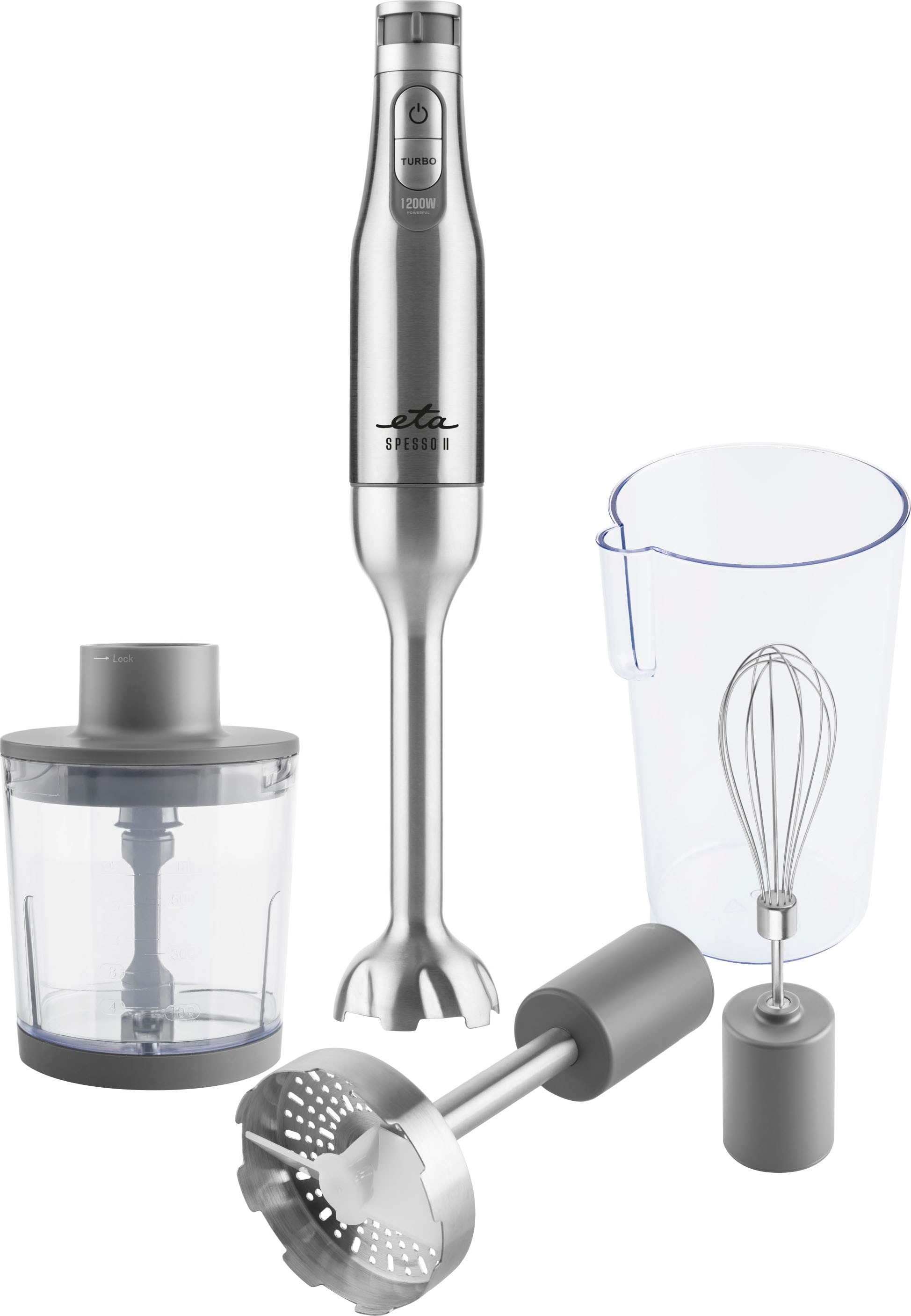 ETA Stabmixer Spesso II I 4 in 1 I 6 Geschwindigkeiten I 1200 W I DC Motor I Turbo Stufe I Schneebesen I Mixbecher I Zerkleinerer I Kartoffelaufsatz I Arbeitsbehälter 600 ml I Edelstahlausführung