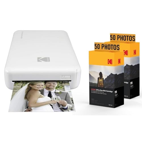 KODAK Pack Fotodrucker PM220 und 2 Patronen MSC50 – Fotos 5,4 x 8,6 cm, WiFi, kompatibel mit iOS und Android – Weiß