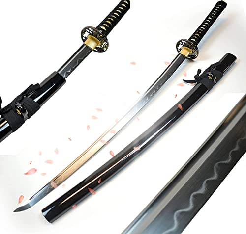 Swords and more Akito Japanisches Schwert – Samurai Schwerter scharf echt, handgeschmiedeter Karbonstahl, Schwert Metall mit Scheide, 102 cm, Katana Schwert, Samurai Schwert, schwarz