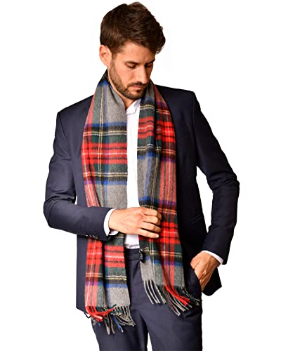 MayTree Kaschmir-Schal in verschiedenen Farben Herren und Damen, Unisex Woll-Schal aus 100% Kaschmir, einfarbig und kariert, 180 x 30 cm (rot grau)