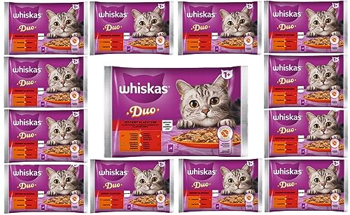 Whiskas Adult 1+ Nassfutter für Katzen Duo Classic Combos in Gelee mit Lamm und Ente, mit Rind und Geflügel 52 Portionsbeutel, 13x4x85g, Hochwertiges Nassfutter für ausgewachsene Katzen