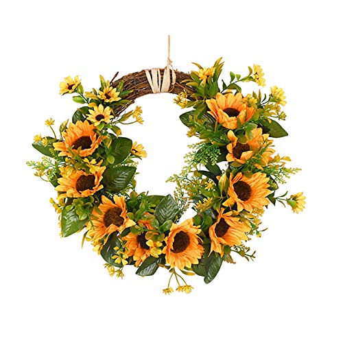 LAMF Künstlicher Sonnenblumenkranz, 30,5 cm, dekorativer Blumenkranz mit gelben Sonnenblumen und grünen Blättern, Haustür-Kränze für alle Jahreszeiten