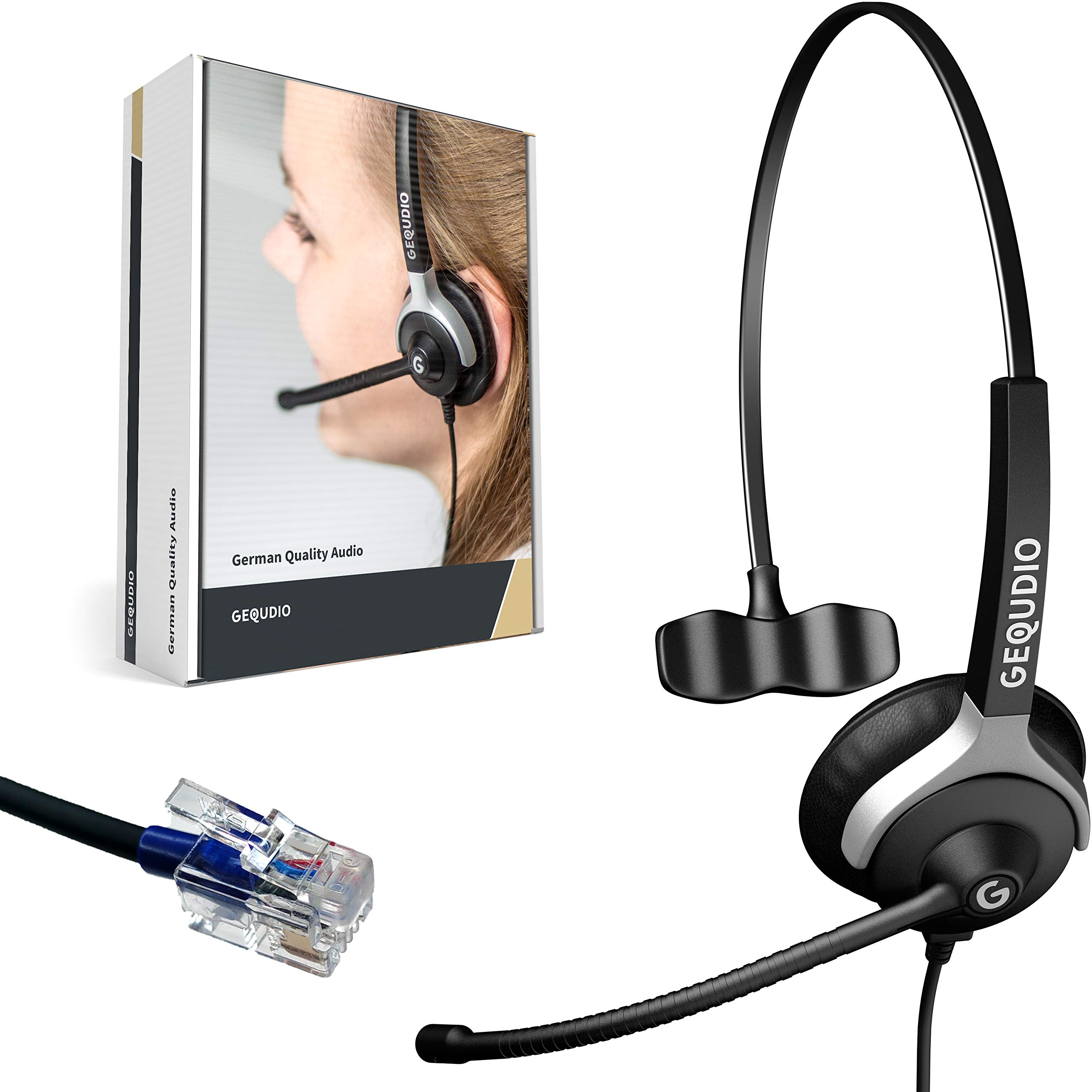 GEQUDIO Headset kompatibel mit Cisco Telefon - inklusive RJ Kabel - Kopfhörer & Mikrofon mit Ersatz Polster - Anschlusskabel flexibel wechselbar - besonders leicht 60g (1-Ohr)