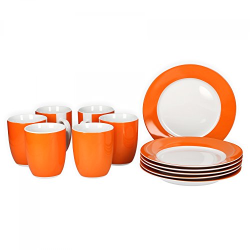 Van Well Frühstücksset 12-TLG. für 6 Personen Serie Vario Porzellan - Farbe wählbar, Farbe:orange