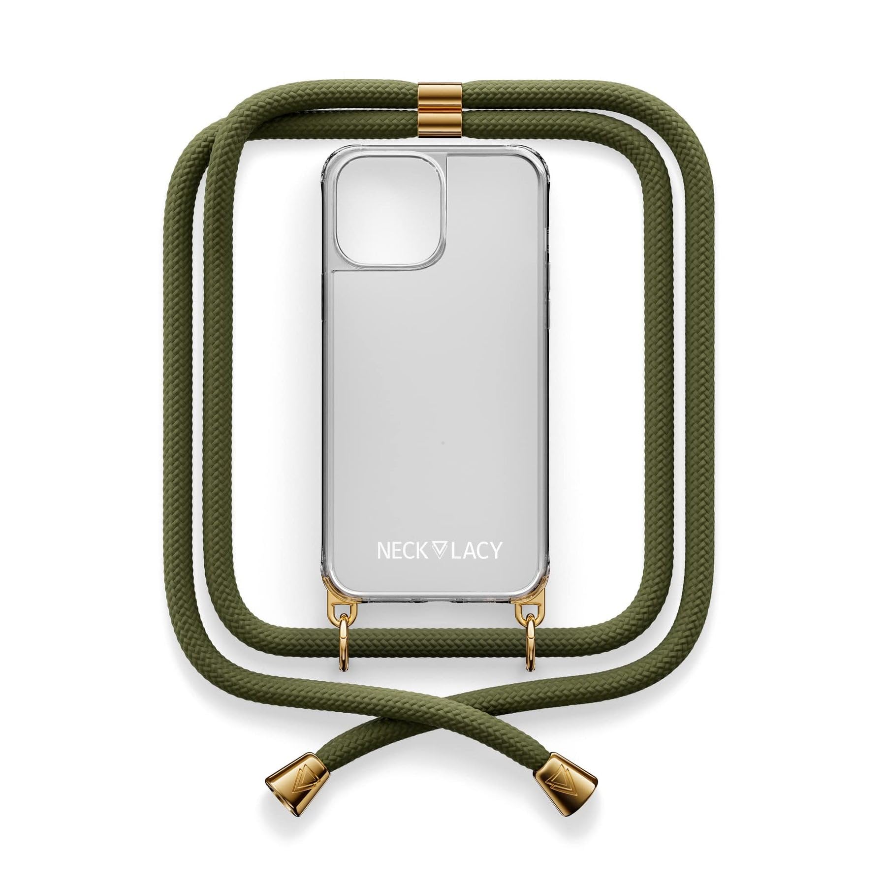 NECKLACY® - Die Premium Handykette für Apple iPhone 15 Plus in Dark Olive | transparente Handyhülle mit hochwertiger Abnehmbarer Kordel zum Umhängen - Smartphone Crossbody
