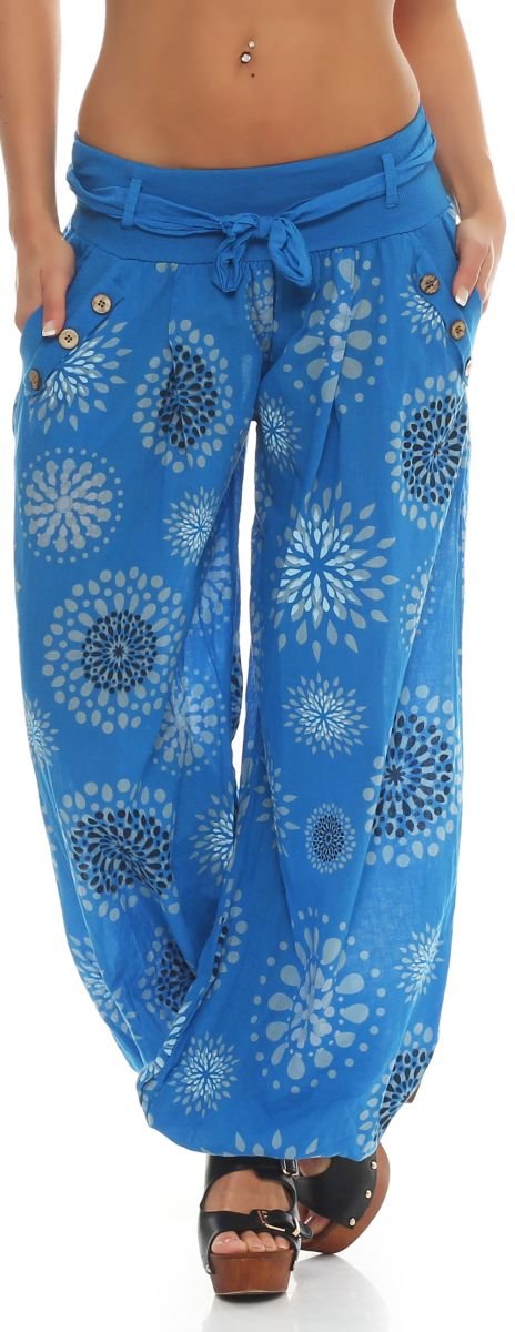 Malito – Haremshose Damen mit Print – Pumphose aus Baumwolle – Leichte Stoffhose – Sommerhose für warme Tage – Dünne Aladinhose für Frauen 3481 (Blau)