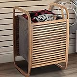 Bakaji Schmutz-Wäschekorb aus Bambus mit grauem Stoff, Wäschekorb für Haus und Badezimmer, modernes Design, platzsparend, mit abnehmbarem Beutel, 40 x 35 x 61 cm