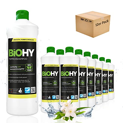BIOHY Teppichshampoo Konzentrat 12 x 1 Liter Flaschen | Teppichreiniger ideal zur Entfernung von hartnäckigen Flecken | SPEZIELL FÜR WASCHSAUGER ENTWICKELT