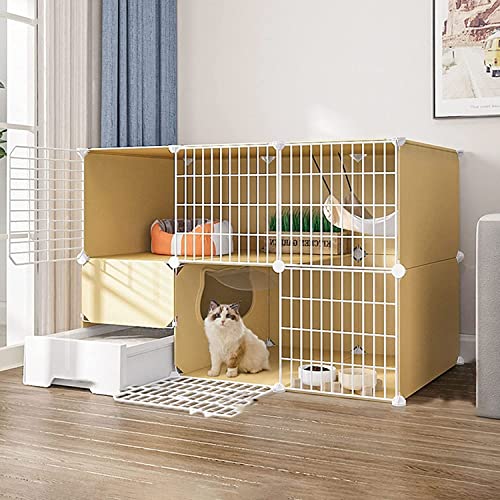 Katzenkäfig, Käfig, Laufstall, Frettchenkäfig, großer 3-stöckiger Haustier-Laufstall mit Tür und geschlossener Katzentoilette für Kätzchen, Kaninchen, Haustiere (Set B Gelb)