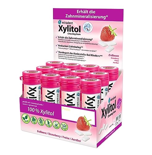 miradent Xylitol Zahnpflegekaugummi Erdbeere Display 12 St. | fruchtiger Geschmack | zuckerfrei | vegan | kariespräventiv | für unterwegs