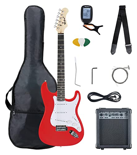 McGrey Rockit ST Komplettset E-Gitarre (8-teiliges Anfängerset mit Gitarre, Verstärker, Ersatzsaiten, Gitarrentasche, Stimmgerät, Plektren, Gurt und Gitarrenkabel) Fiesta Red