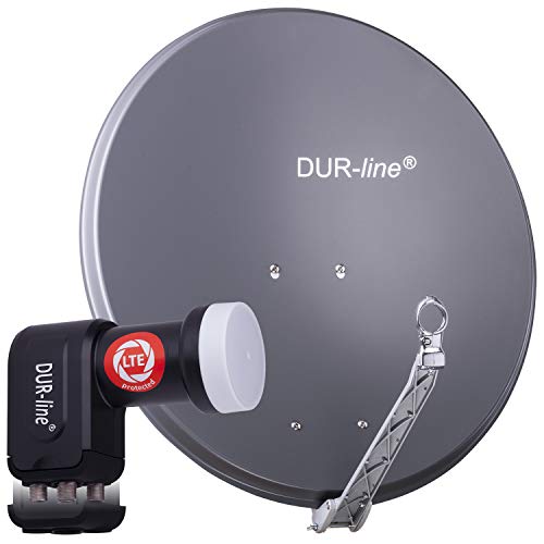 DUR-line 4 Teilnehmer Set - Qualitäts-Alu-Satelliten-Komplettanlage - Select 75/80cm Spiegel/Schüssel Anthrazit + Quad LNB - für 4 Receiver/TV [Neuste Technik, DVB-S2, 4K, 3D]