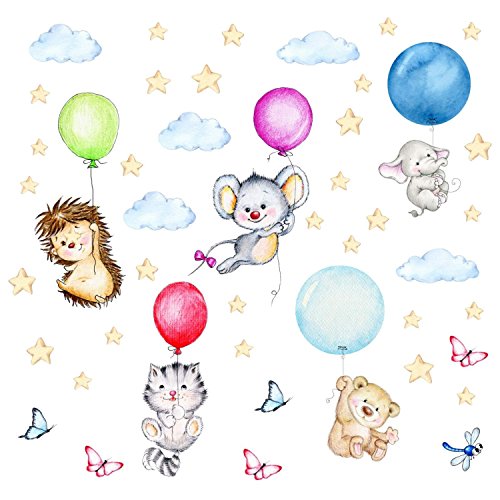 123 Wandtattoo niedliche Tiere mit Luftballons in 6 Größen - Kinderzimmer Sticker Aufkleber Wanddeko Wandbild Junge Mädchen Baby - Größe 1000 x 560 mm