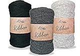 Ribbon XL Garn Sparset Textilgarn Rellana 3x250g nachhaltiges Bändchengarn aus recycelter Baumwolle (Grau-Schwarz-Dunkelgrau)