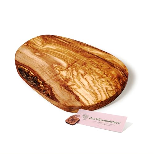 DAS OLIVENHOLZBRETT® Schneidebrett Olivenholz, Brotzeitbrett aus Holz mit naturbelassenem Rand, 25 cm