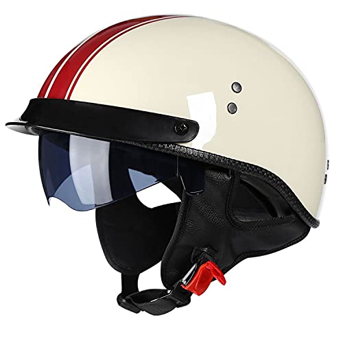 Retro Motorrad Helm Mit ECE Zulassungiber Brain-Cap Halbschale Jet-Helm Roller-Helm Scooter-Helm Retro Half Helm mit Built-in Visier für Damen Herren Erwachsene A,XL=61-62CM