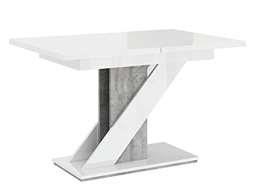 Mirjan24 Tisch für Esszimmer Malzik, Praktischer Auszugstisch, Rechteckiger Esstisch, Küchentisch, Esszimmertisch, Ausziehtisch (Weiß Hochglanz/Beton)