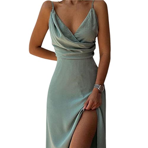 Fairnull Damenkleid Sommer Kreuz Wickelkleid V-Ausschnitt Split Hem Blumendruck Sling Midikleid für den täglichen Gebrauch Grün L