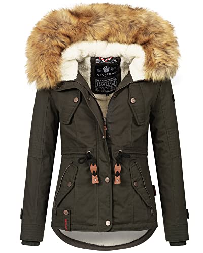 Navahoo warme Damen Designer Winter Jacke Winterjacke mit Kapuze und Teddyfell B643 (L, Anthrazit)