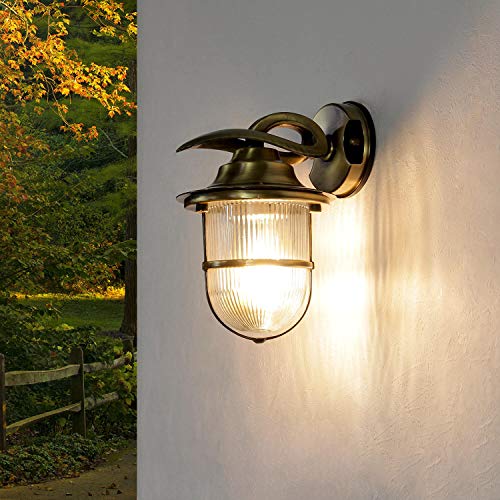 Außenleuchte Rustikal Echt-Messing antik rostfrei Käfig Schirm Riffelglas H:24cm Premiumqualität Wandlampe Haus Hof
