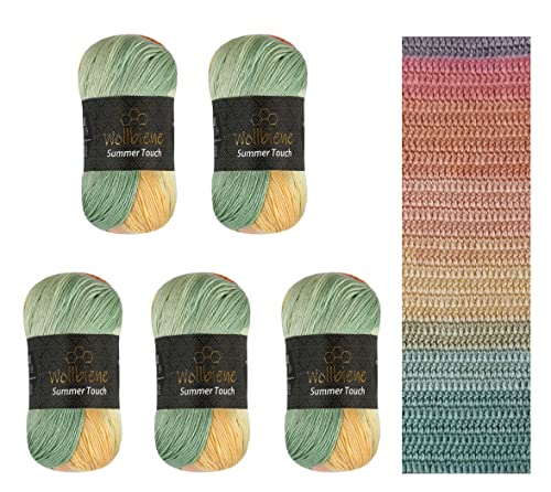 Wollbiene Summer Touch Batik 5 x 100 Gramm Wolle Mehrfarbig mit Farbverlauf, 500 Gramm merzerisierte Strickwolle Microfiber-Acryl (501 gelb-orange-mint)