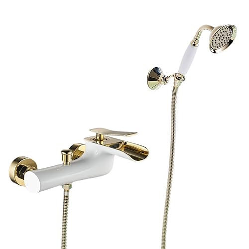 Wannenarmatur Wasserfall Badewannenarmatur mit Handbrause Weißes Gold Duscharmatur Messing Mischbatterie Badewanne-Weißes Gold