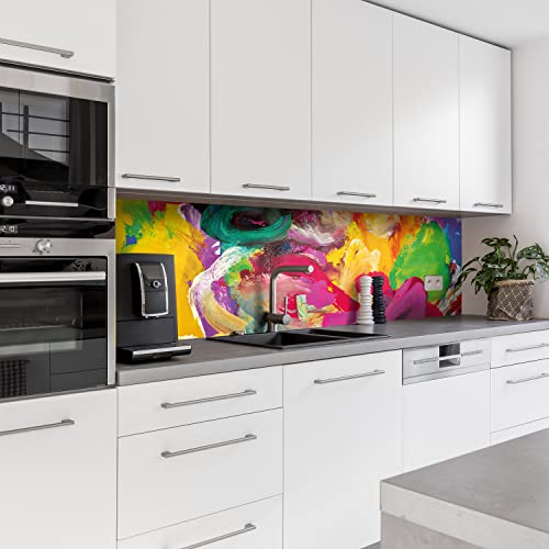 Dedeco Küchenrückwand Motiv: Kunst V1, 5mm Hartschaum Kunststoffplatte PVC als Spritzschutz Küchenwand Wandschutz wasserfest, inkl. UV-Lack glänzend, alle Untergründe, 220 x 60 cm