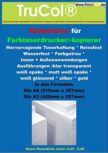 50 Blatt DIN A4 SELBSTKLEBENDE wetterfeste (Farb)-Laserfolien in weiß opaker Ausführung mit farblosem, nicht vergilbendem, hitzestabilem Kleber.