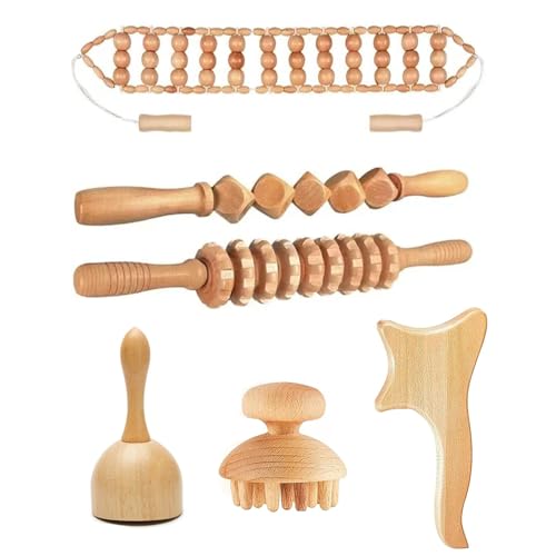 Set 6 Stück Cellulite Massagegerät Holz,Cellulite Set,Wood Therapy Massage Tools,Gua Sha Massagegerät für Nacken, Beine, Rücken und Körper, Schmerzlinderung und Entspannung, Muskelentspannung