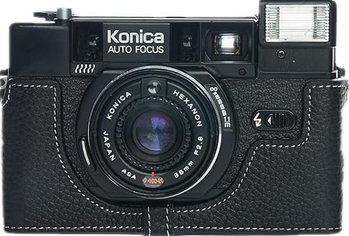 Zakao Kameratasche für Konica C35 AF2, handgefertigt, echtes Leder, mit Handschlaufe, Schwarz