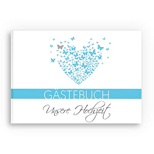 bigdaygraphix Gästebuch Hochzeit Hochzeitsbuch mit Fragen A4 quer Schmetterling türkis