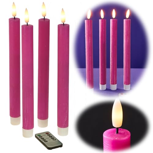 LS-LebenStil 3D Stabkerze Pink 24,5cm Echtwachs 4´er Set Timer bewegliche Kerzen Flamme