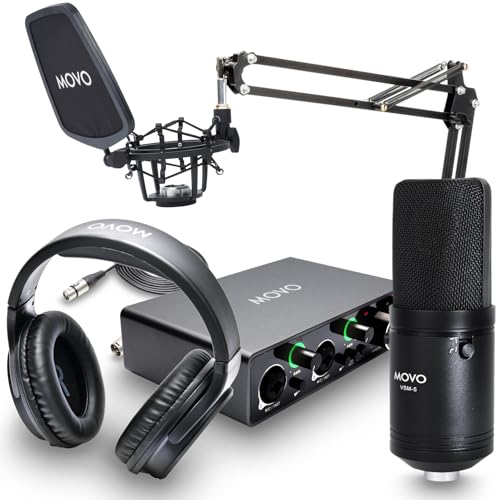 Movo VSM-5 Großes Membran-Kondensatormikrofon-Kit mit MDX-1 2x2 Audio-Interface mit Arm Mic Ständer und Studio-Kopfhörern - Podcast Equipment Set für YouTube, Podcast, Streaming