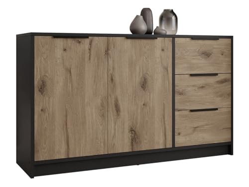 Mirjan24 Kommode Lepalta 2D3S mit 3 Schubladen und 2 Türen, Metallgriffe, Schubladenkommode, Mehrzweckschrank, Wohnzimmerschränke, Schlafzimmerkommode, Anrichte, Highboard, (Schwarz/Eiche Viking)