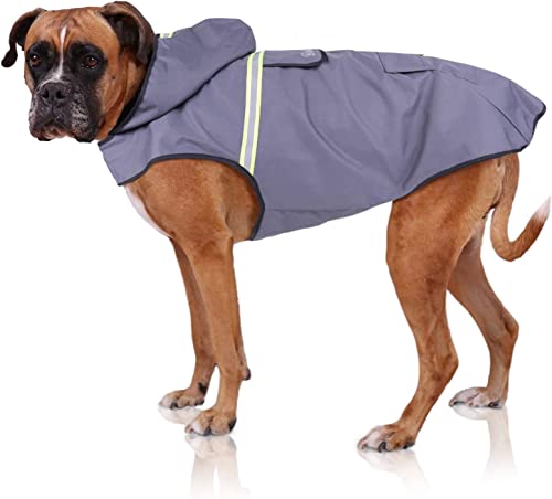 Bella & Balu Hunderegenmantel – Wasserdichter Hundemantel mit Kapuze und Reflektoren für trockene, sichere Gassigänge, den Hundespielplatz und den Urlaub mit Hund (L | Grau)