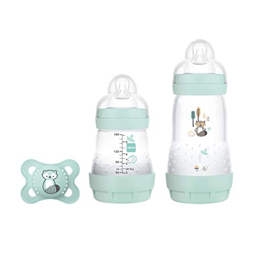 MAM Easy Start Anti-Colic Elements S, Baby Erstausstattung mit 2 Flaschen (160 ml & 260 ml) inkl. Sauger Größe 1 und Schnuller, Geschenk Set, ab der Geburt, Waschbär