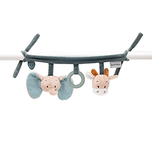Nattou Spielzeug zum Aufhängen aus Baumwolle (Musselin) und Polyester, Mit Rasseln und Silikonring, Ca. 32 cm, Luna und Axel, Grün / Beige