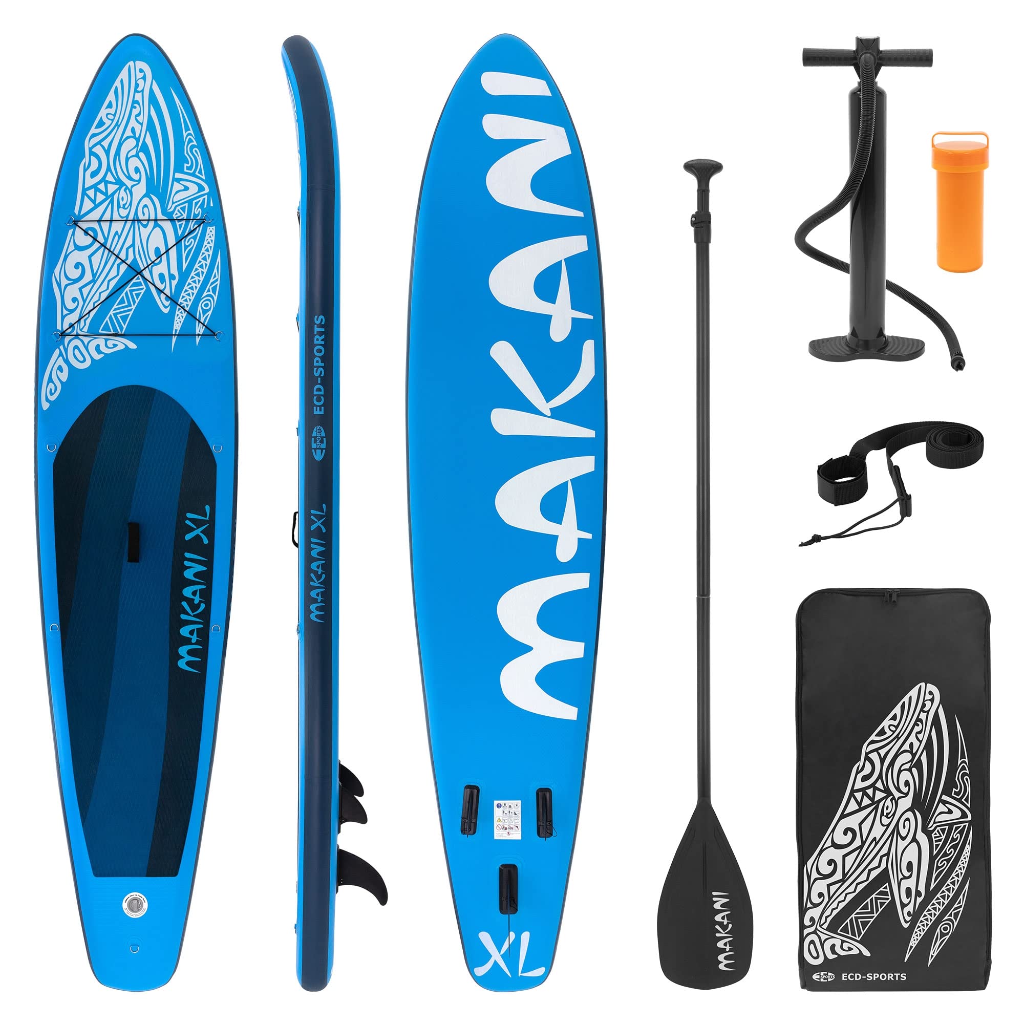 ECD Germany Aufblasbares Stand Up Paddle Board Makani XL 380 x 80 x 15 cm Blau | PVC | bis 150 kg | Pumpe Tragetasche Zubehör | SUP Board Paddling Board Paddelboard Surfboard | Verschiedene Modelle