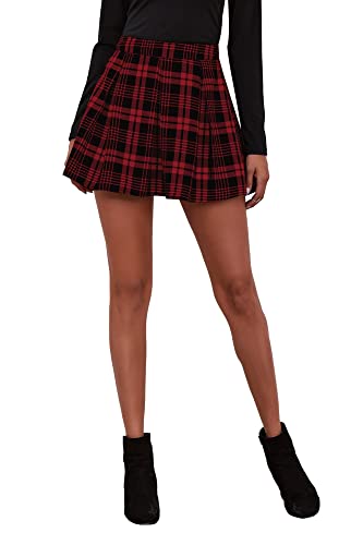 Damen Frühling Sommer Casual Fashion Stitching Plaid Faltenrock Taille Rock (Color : Rot, Size : S)