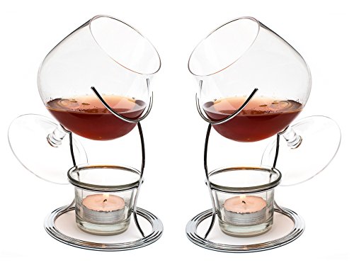CKB Ltd® Set of 2 Brandy & Cognac Snifter Warmer Glasses Brandy Gläser Cognacgläser & Schwenker Brandy-Glas Stand Gift Set Wärm-Ständer, Teelicht & Teelichthalter