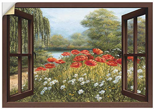 ARTland Wandbild selbstklebend Vinylfolie 70x50 cm Fensterblick Landschaft Blumen Mohnblumen See Blumenwiese Natur F7EO