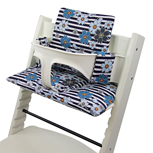 BAMBINIWELT Ersatzbezug Bezug Sitzkissen Kissen-Set Sitzverkleinerer kompatibel mit STOKKE Tripp Trapp für Hochstuhl-Kinderstuhl DESIGN (Streifen blaue Blumen)