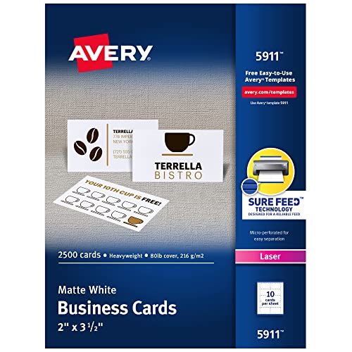 Avery Bedruckbare Visitenkarten mit Sure Feed Technologie, 5,1 x 8,9 cm, weiß, 2.500 Blanko-Karten für Laserdrucker (05911)