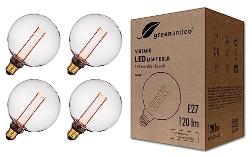 greenandco 4x dimmbare Vintage Design LED Lampe E27 G125 3,5W 120lm 1800K klar extra warmweiß 320° 230V flimmerfrei Edison Glühbirne zur Stimmungsbeleuchtung, 2 Jahre Garantie