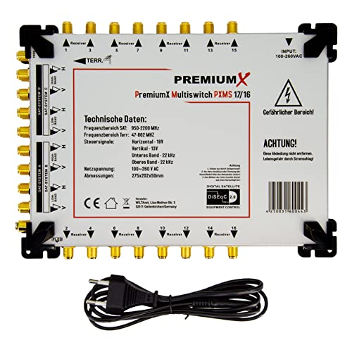 PremiumX PXMS 17/16 Multischalter mit Netzteil Multiswitch 4 SAT für 16 Teilnehmer Satverteiler Digital HDTV FullHD 4K UHD 8K