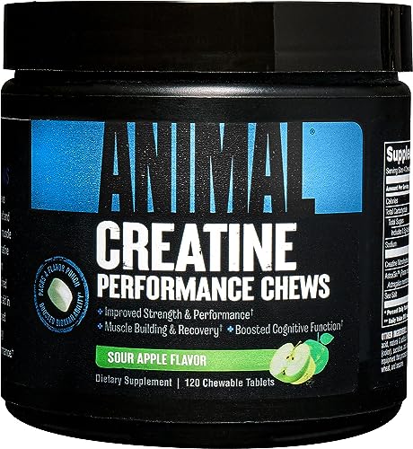 Universal Nutrition ANIMAL CREATINE CHEWS (Green Apple) enthält 5g leicht absorbierbares Kreatin Monohydrat & Meersalz für die Aufnahme & Pump, steigert Trainingsfähigkeit des Körpers,120 Kautabletten