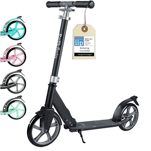 Rollkönig ® Scooter für Kinder ab 5 Jahren I Der Faltbare City-Scooter mit großen Rädern I Tret-Roller für Erwachsene mit bis zu 100kg Tragkraft (Schwarz / Grau)