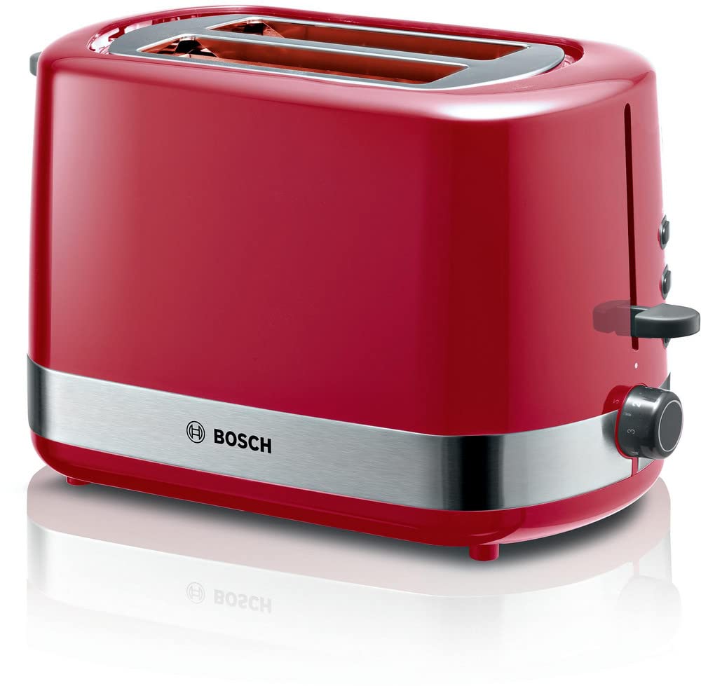 Bosch Kompakt Toaster TAT6A514, integrierter Edelstahl-Brötchenaufsatz, mit Abschaltautomatik, Auftaufunktion, perfekt für 2 Scheiben , Liftfunktion, Brotzentrierung, 800 W, /rot