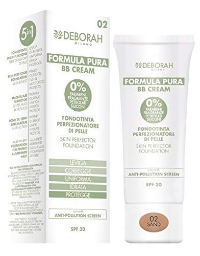 Deborah Milano BB Cream Formel Pure SPF 20 mit natürlichen Inhaltsstoffen, 02 Sand, pflegende Wirkung, Antioxidans und Anti-Blaulicht, spendet eine glatte und nährende Haut, 30 ml