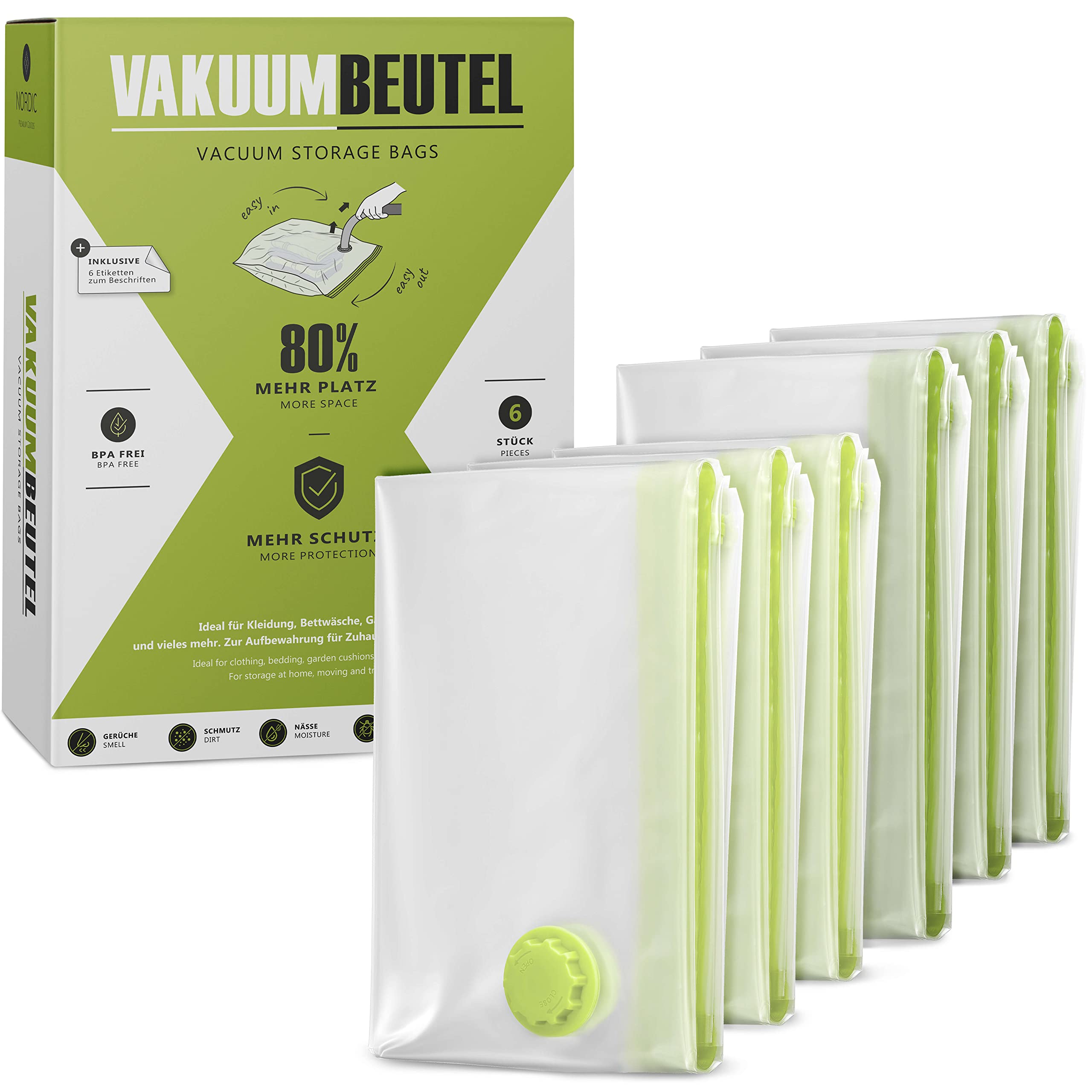 NORDIC® Vakuumbeutel (6er Set) in 80x60cm u. 80x100cm – BPA Frei INKL. ETIKETTEN - Vakuumbeutel für Bettdecken, Kleidung und vieles mehr - Vacuum Storage Bags in L und XL